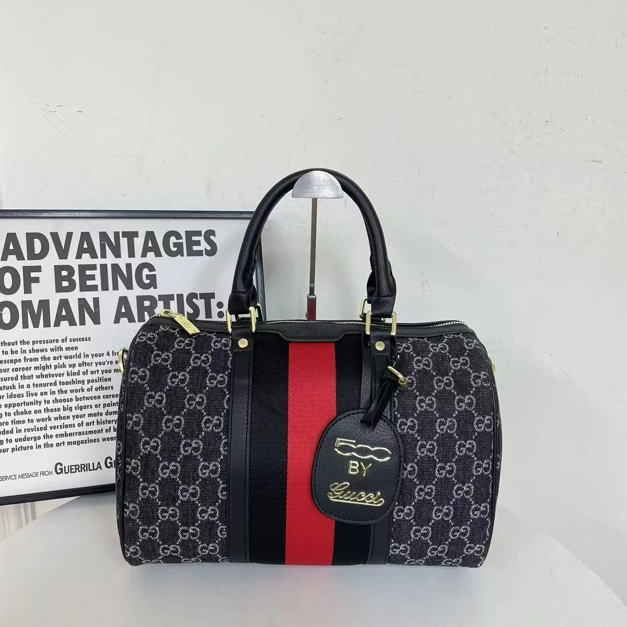 GUCC1古池 品牌印花经典时尚 小牛皮拼帆布 手提包 女款 褐色 4