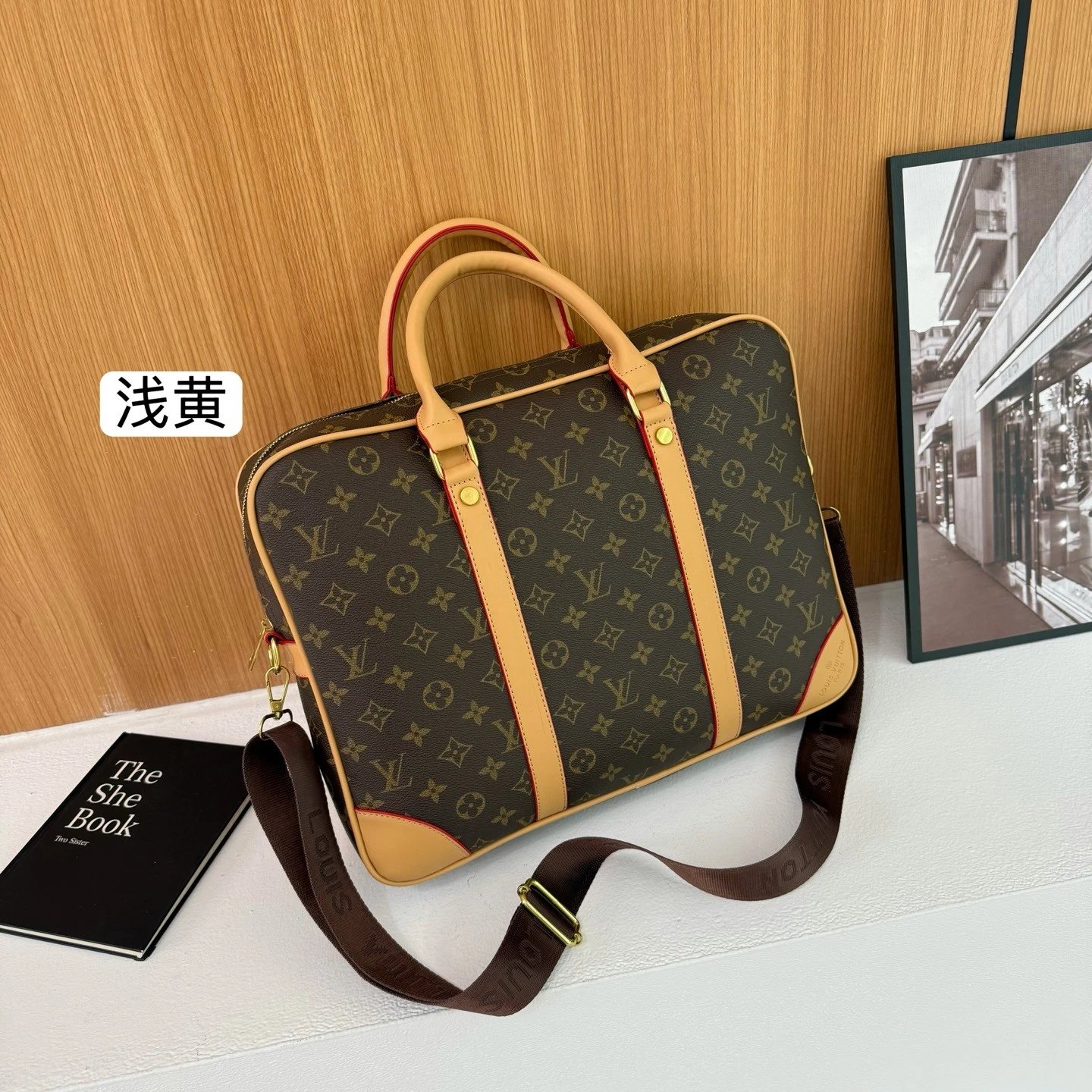 铝牌 PORTE DOCUMENTS VOYAGE 老花满印可拆卸可调节肩带 涂层帆布 单肩斜挎手提公文包 小号 男款 黑色拼灰色 2