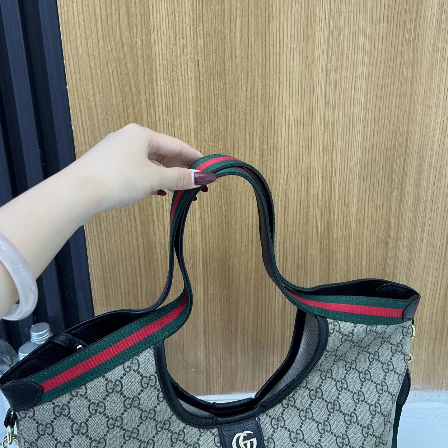GUCC1古池 GIGLIO 浅金色配件拼接条纹 GG 帆布 托特包Tote包购物袋单肩包手提包 大号 女款 米色拼深棕色 9