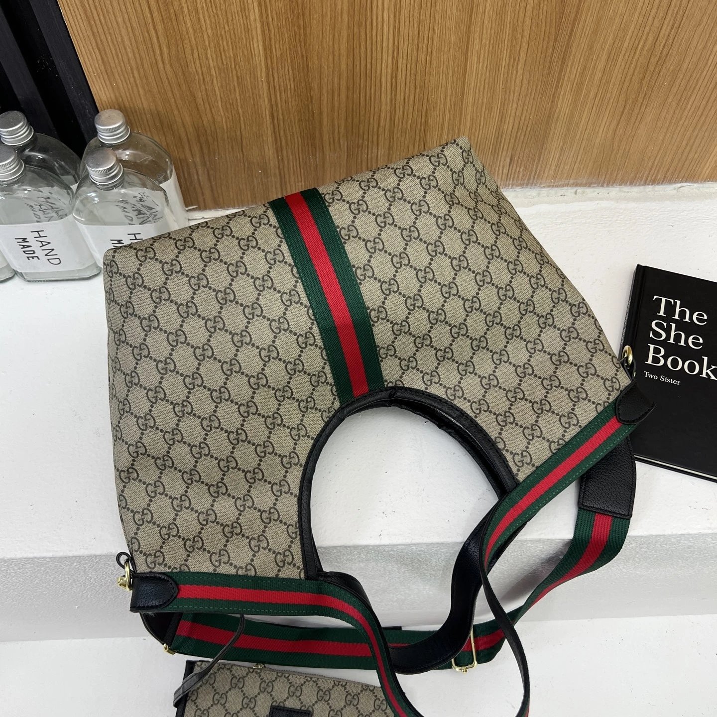 GUCC1古池 GIGLIO 浅金色配件拼接条纹 GG 帆布 托特包Tote包购物袋单肩包手提包 大号 女款 米色拼深棕色 6