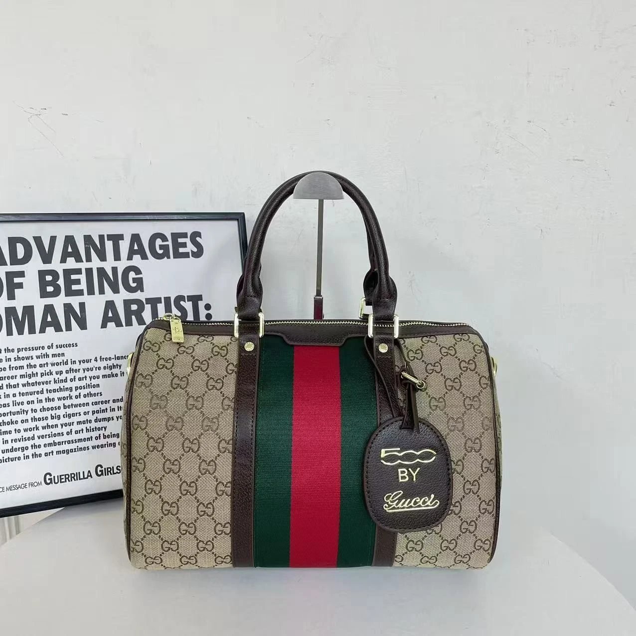 GUCC1古池 品牌印花经典时尚 小牛皮拼帆布 手提包 女款 褐色 7