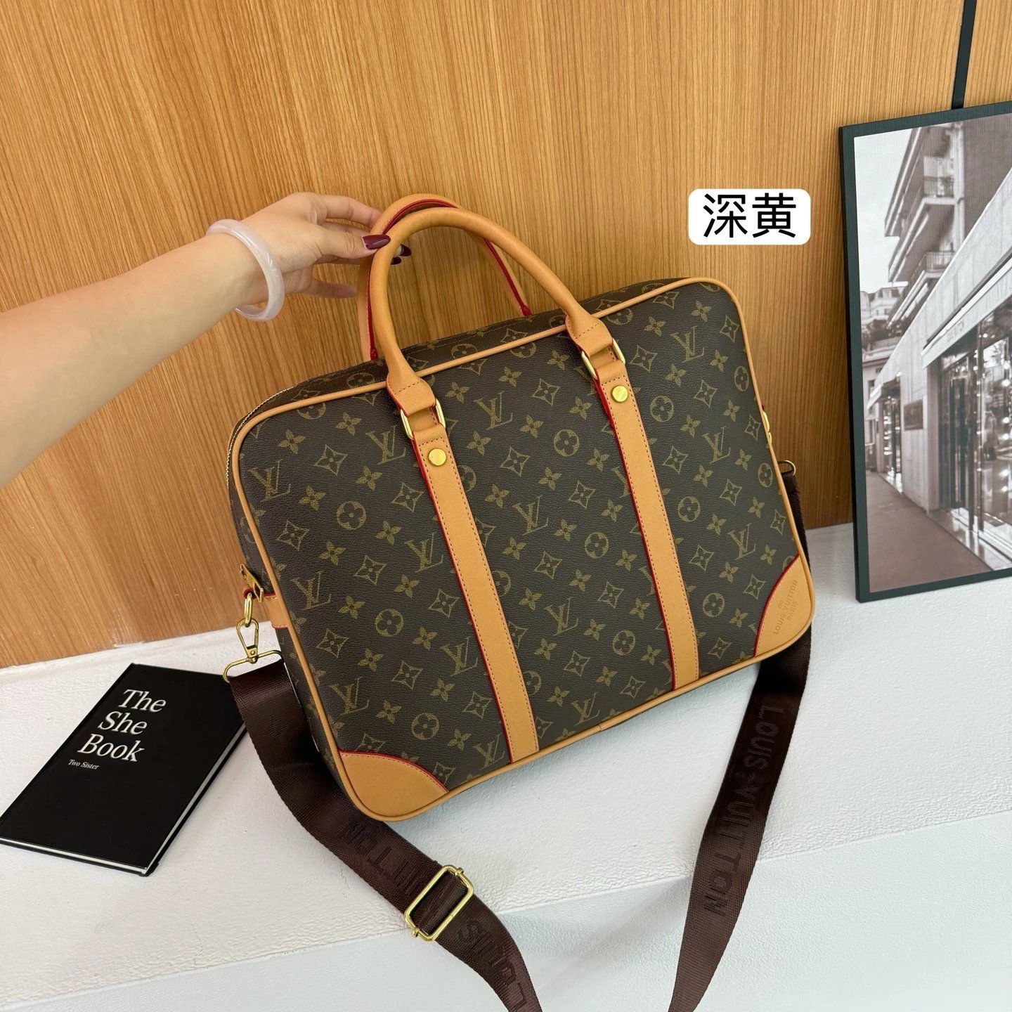 铝牌 PORTE DOCUMENTS VOYAGE 老花满印可拆卸可调节肩带 涂层帆布 单肩斜挎手提公文包 小号 男款 黑色拼灰色 3