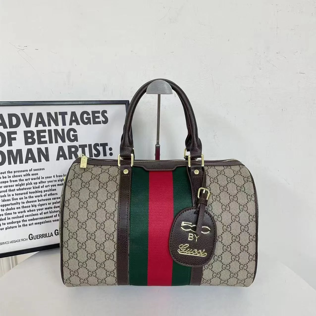 GUCC1古池 品牌印花经典时尚 小牛皮拼帆布 手提包 女款 褐色 2