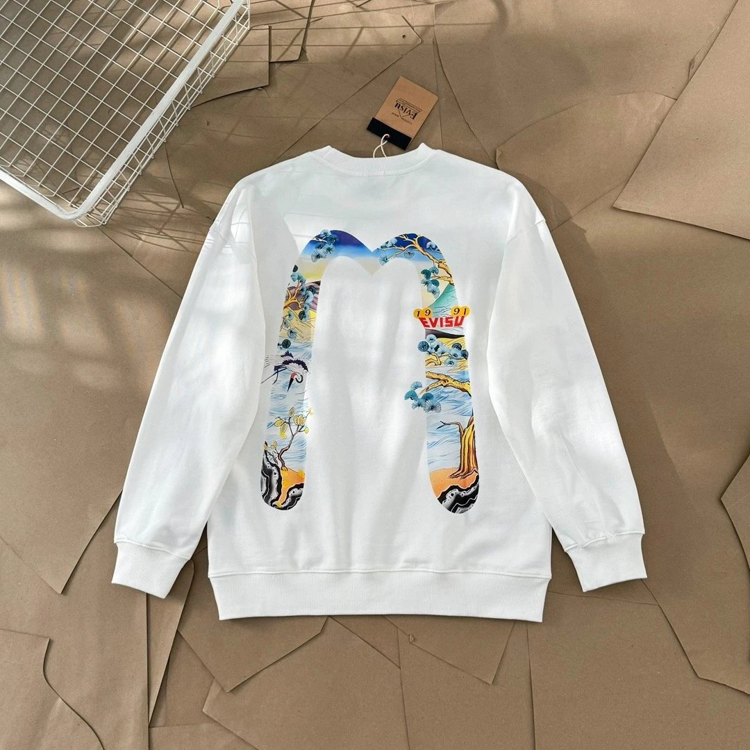 EVISU福神2024新款胸口小字后背树枝仙鹤大M情侣款重磅专柜最新款走一波绝对私房牛货440g高克重纯棉毛圈面料材质厚重感十足
