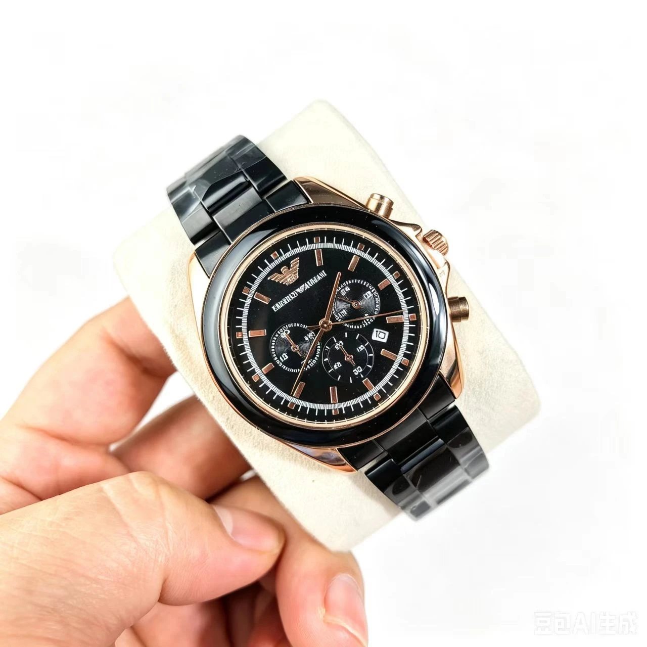 EMPOR10 ARMAN1阿玛泥 三眼计时 系列 腕表 石英机芯 橡胶不锈钢表带 44mm 黑色表盘 男表 三眼计时日历黑色大表盘男士腕表 AR6066 2
