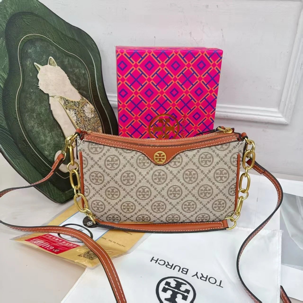 T0RY BURCH 汤力柏琦 TB T Monogram 新春限定 老花满印Logo 织物 腋下包单肩包 女款 榛子棕红色 3