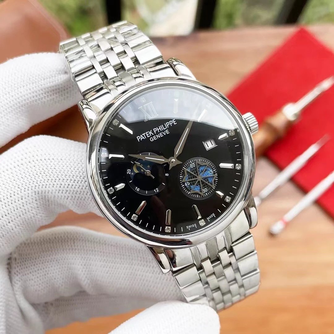 百达7珠钢带 手表瑞士手表男士全自动高档多功能纯金色大表盘名牌防水