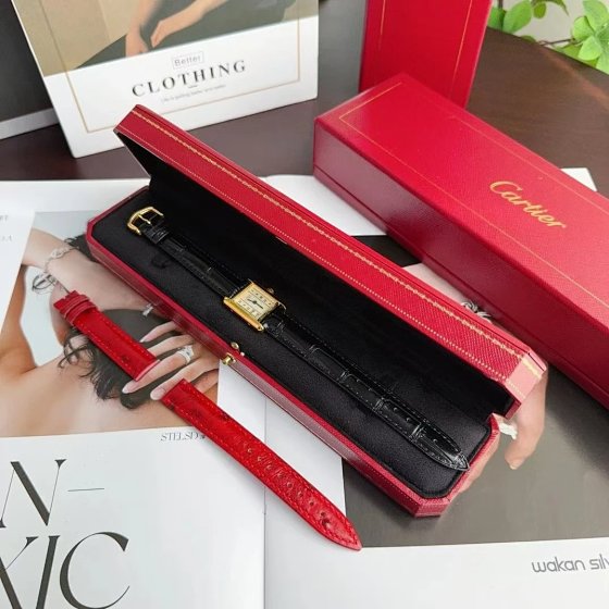 Cartier Vintage Tank Quartz Watch - Includes One Black and One Red Strap for Versatile Matching