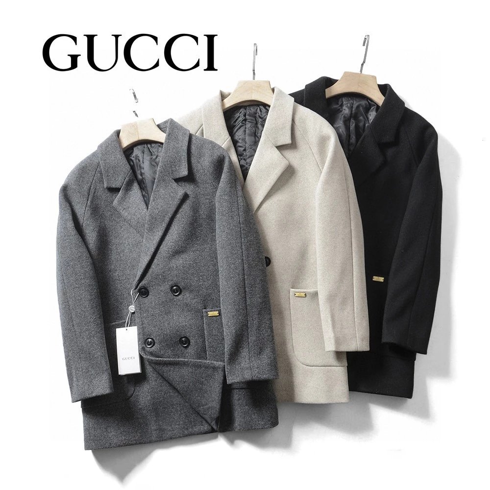 25SS autumn and winter new wool blend lapel large pocket patch with shoulder sleeves woolen coat, men's suit collar medium long double breasted trench coat