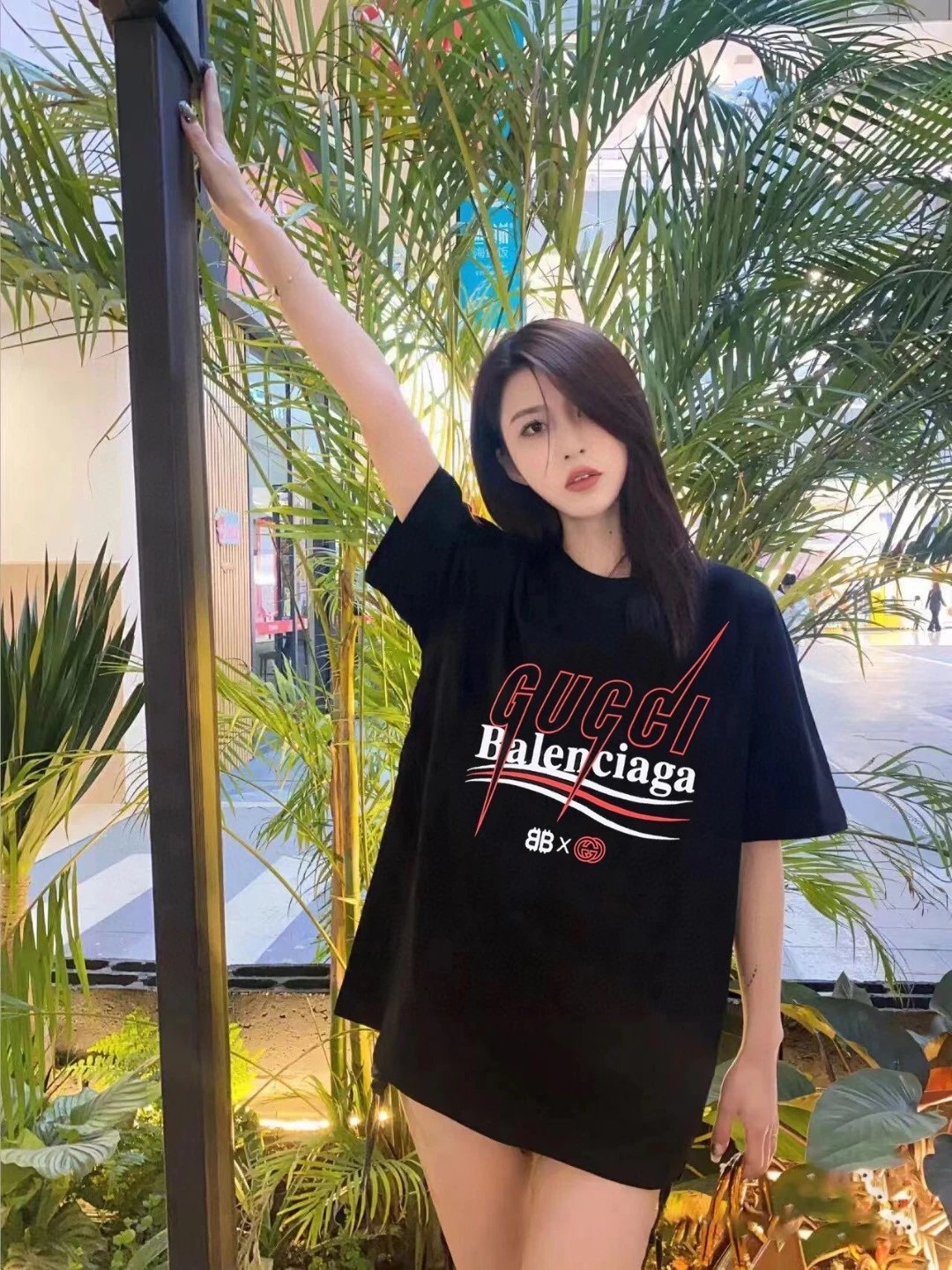 Gucci Balenciaga Logo Black Cotton Crewneck T-Shirt