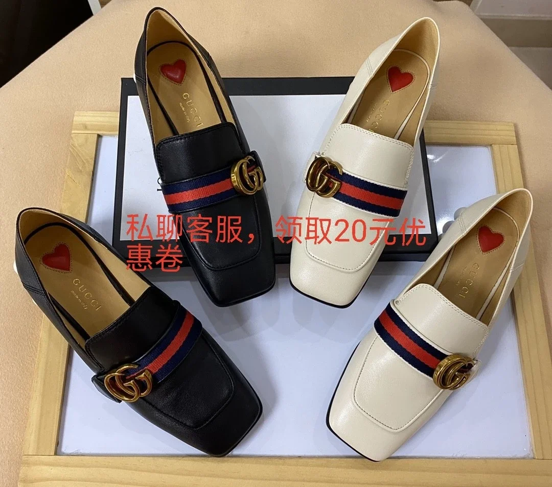 Gucci乐福鞋英伦风女鞋复古小皮鞋时尚方头高跟中跟粗跟平底软皮珍珠跟单鞋女