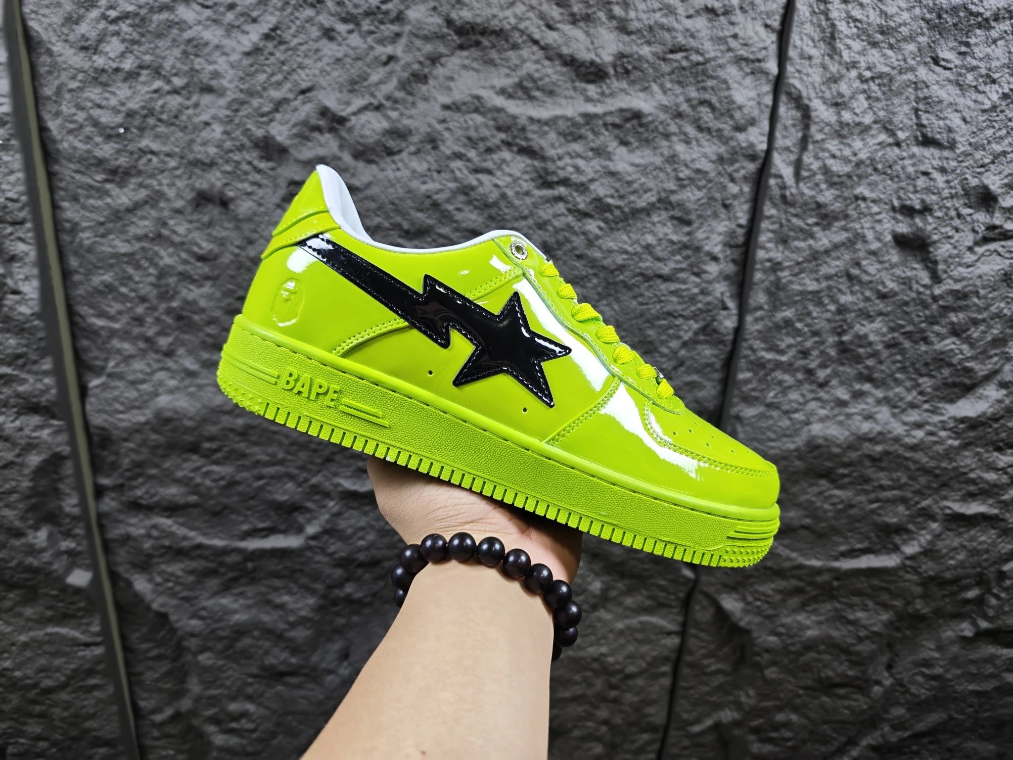 BAPE STA Low Neon Green Patent Black Star