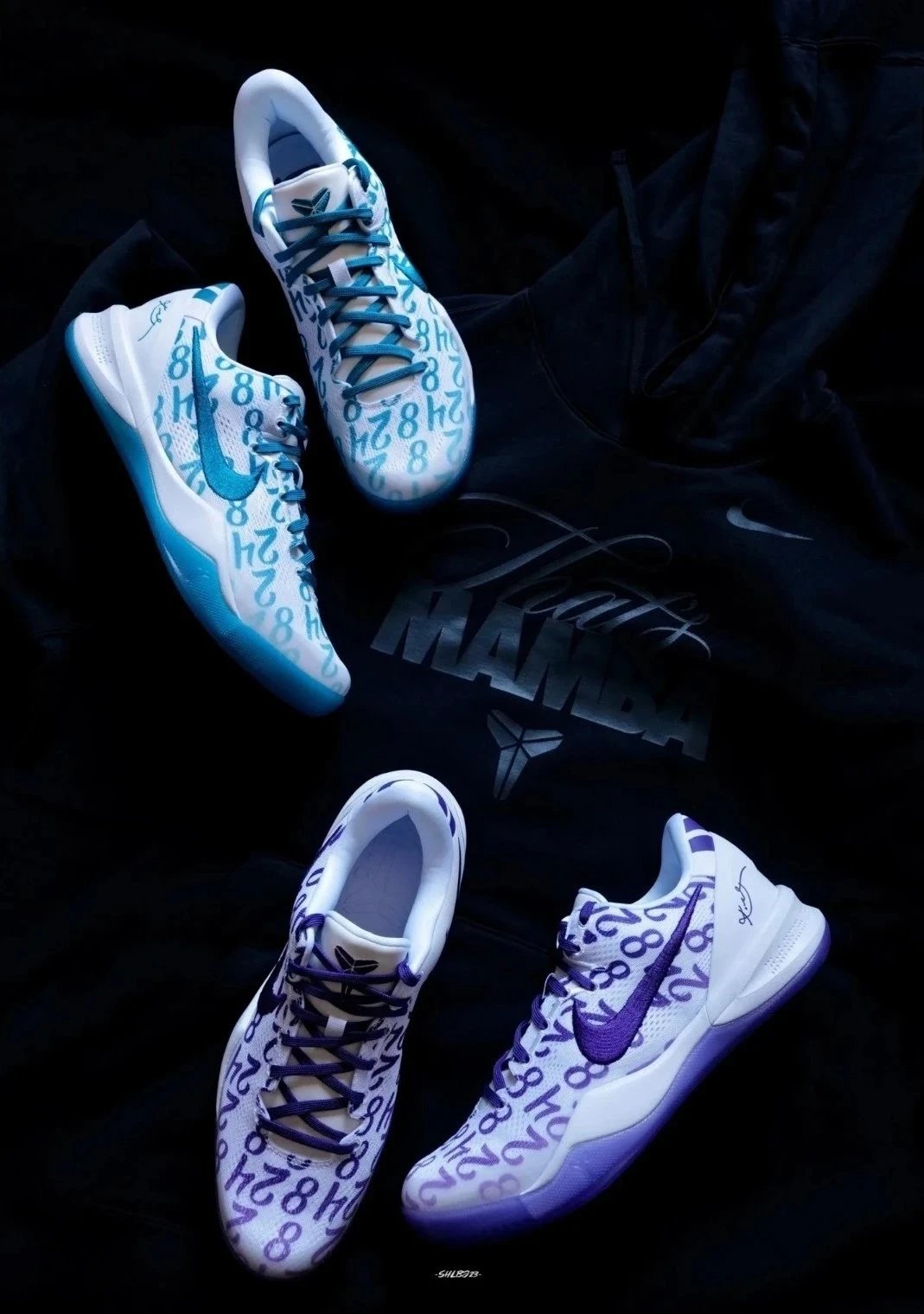 Kobe 8th generation paired with two pairs of purple and green mandarin ducks