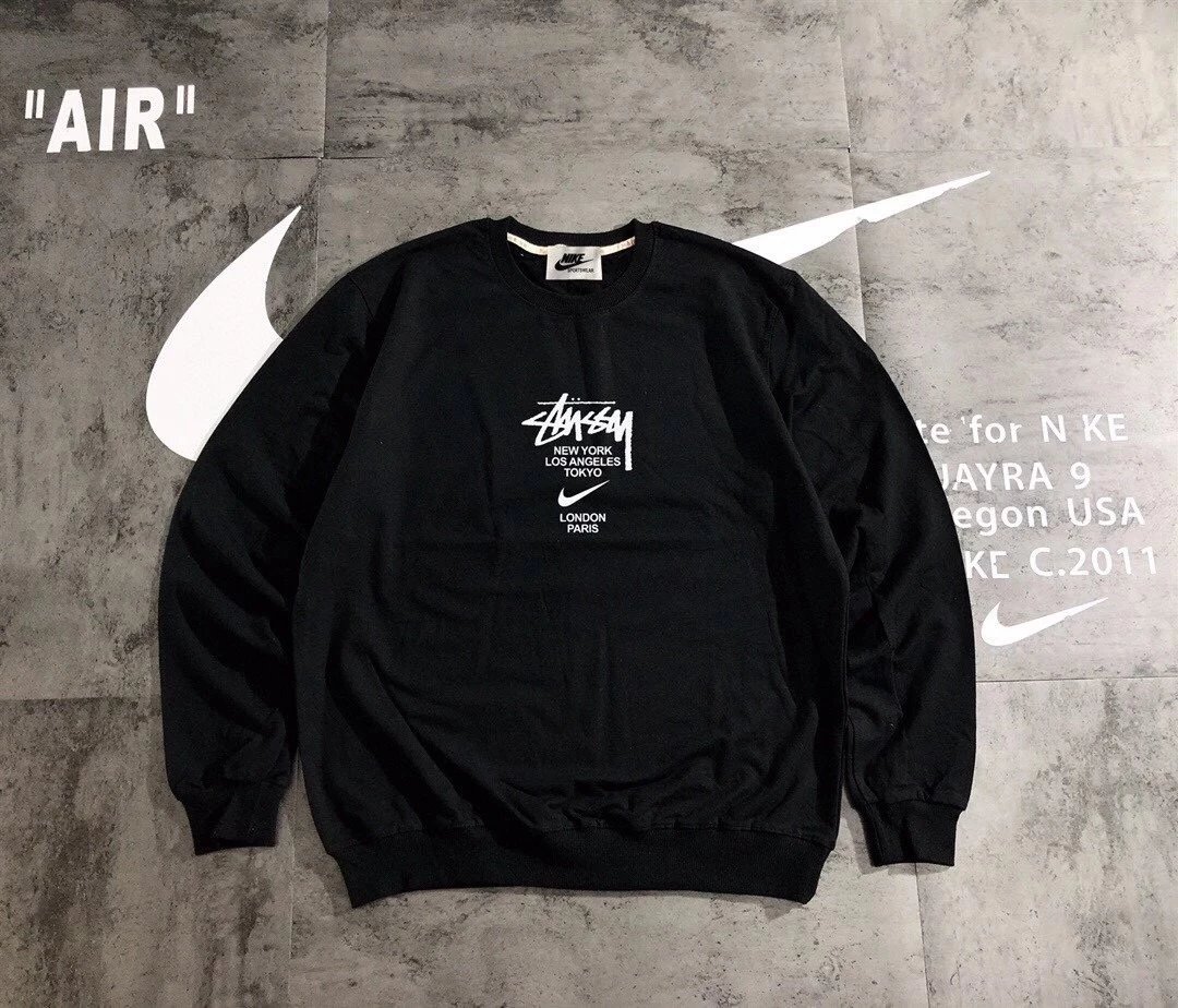 Special offer free shipping~Nike collaboration Stusey New York couple pure cotton looped autumn round neck hoodie candy color