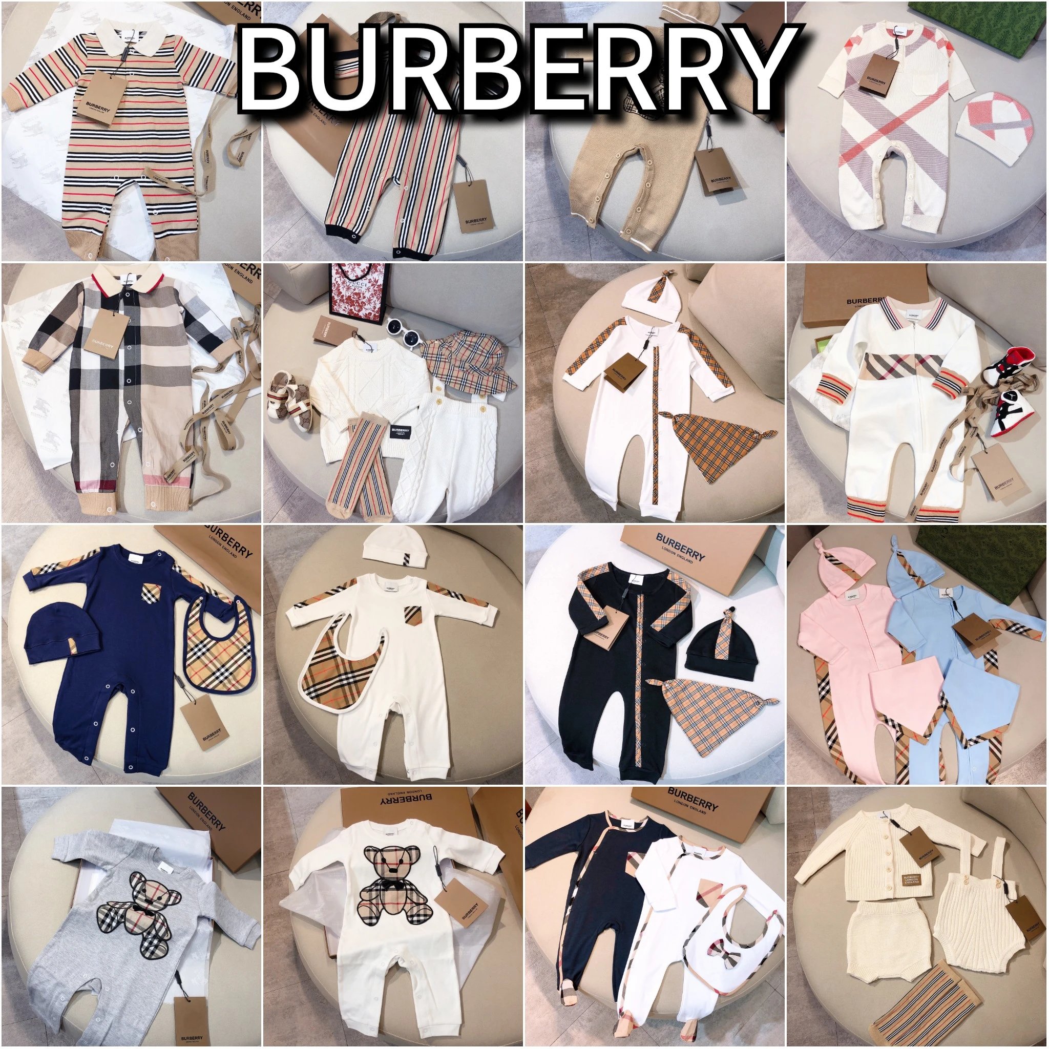 Bbr Burberry 2023 Autumn Winter Newborn & Toddler Clothes, Boys & Girls Original Custom Checkered Bear Patchwork Romper, Bodysuit, Crawling Suit, New Embroidered Check Bear Unisex Baby Cotton Romper
