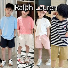 Ralph Lauren Lauren 2025 Spring/Summer Customized Minimalist Old Money Pony High Density Embroidered T-shirt for Boys and Girls, paired with 25SS Summer Colorful Cotton Sailor Spinning Washed Pony Embroidered Sports Shorts. The fabric is made of washed cotton plain knit fabric, sizes 100-160, available in stock