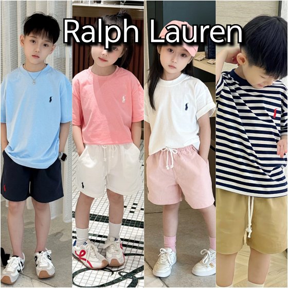 Ralph Lauren Lauren 2025 Spring/Summer Customized Minimalist Old Money Pony High Density Embroidered T-shirt for Boys and Girls, paired with 25SS Summer Colorful Cotton Sailor Spinning Washed Pony Embroidered Sports Shorts. The fabric is made of washed cotton plain knit fabric, sizes 100-160, available in stock