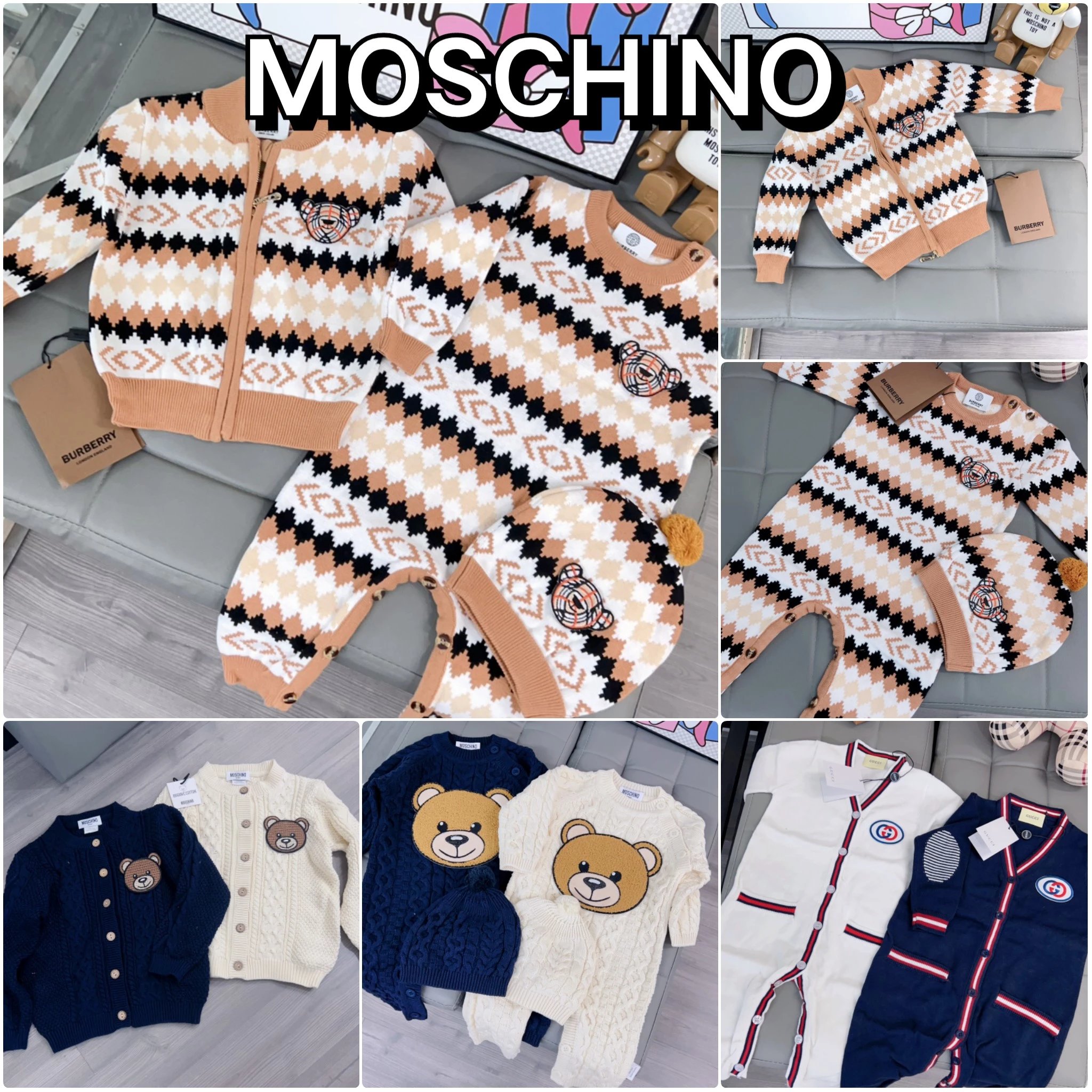 Moschino & Burberry Custom Christmas Baby Outfit - Infant Knit Cardigan + Romper Set with Embroidered Bear on Chest, New Arrival Ready in 1-5 Days