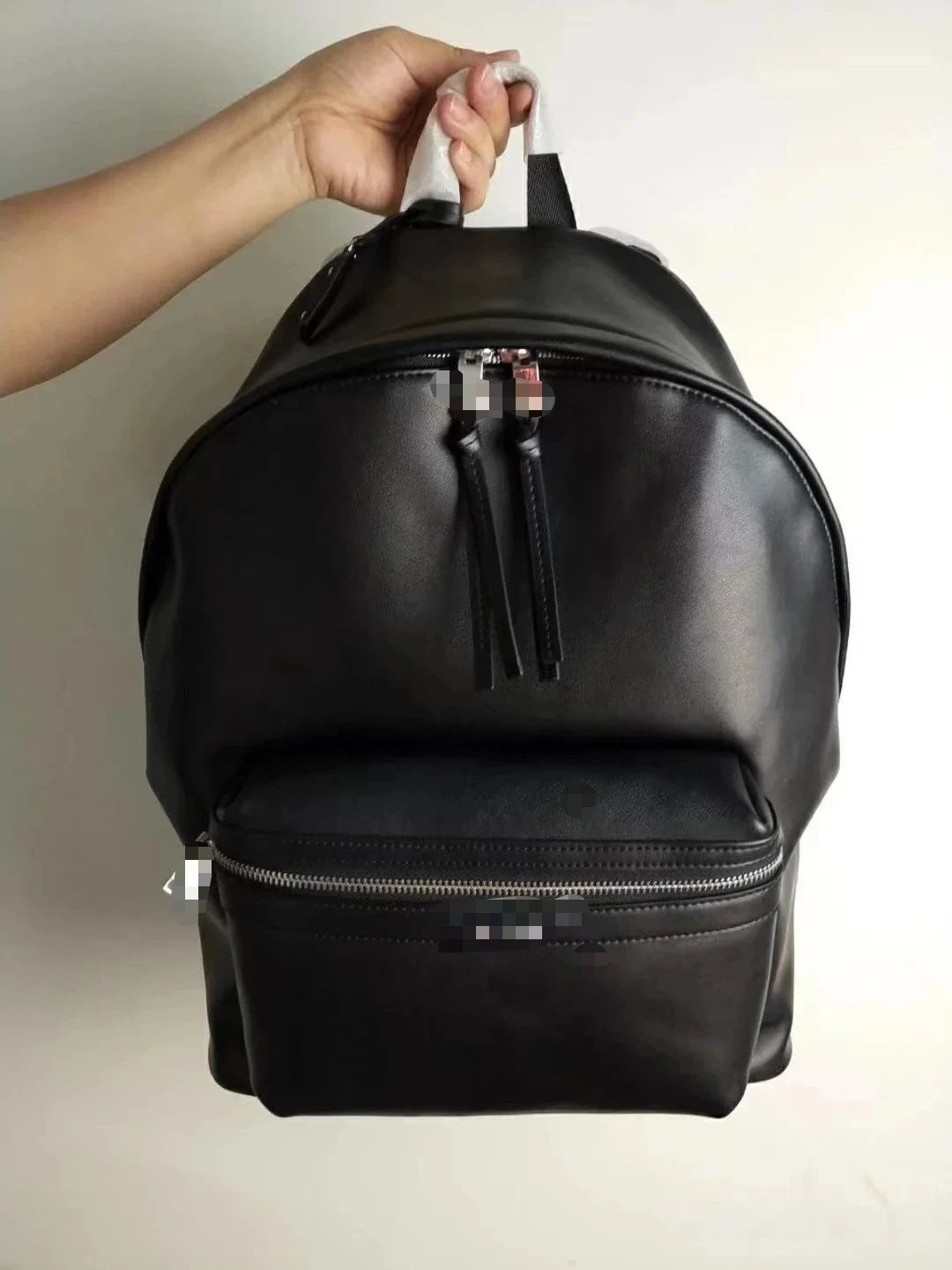 Men's and Women's Couple Style Student Casual Full-Leather Genuine Cowhide Backpack, Trendy Brand Basic All-Black Plain Design, Simple and Versatile for Daily Commute and Casual Use