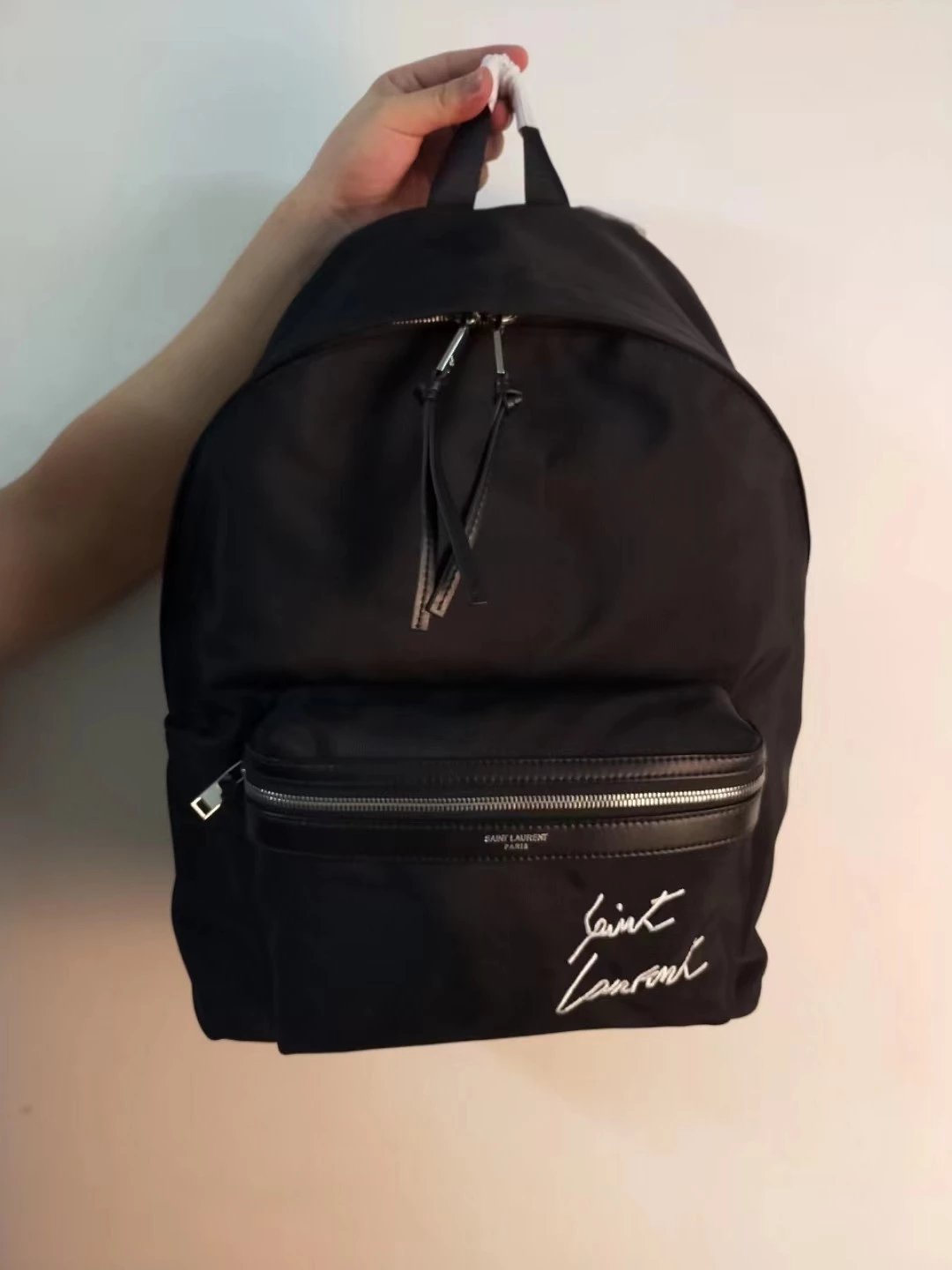 YSL Saint Laurent Men's & Women's Casual Nylon Canvas Backpack with Embroidered Logo, Unisex Student Daypack for Daily Commute and Travel in White