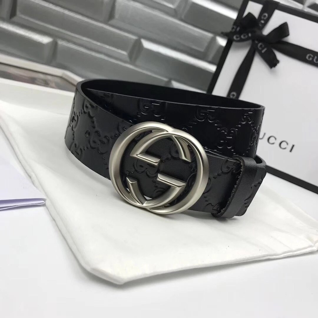 Black Leather Belt with Interlocking G Buckle