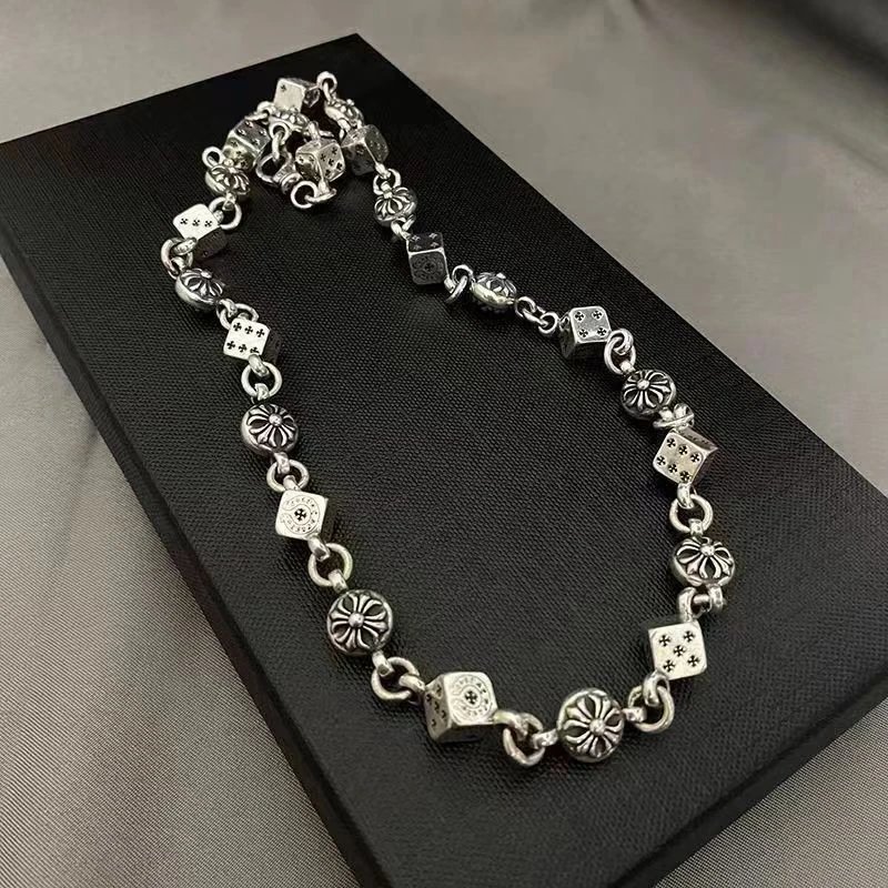 Silver Chain Link Necklace with Bead and Cube Design
