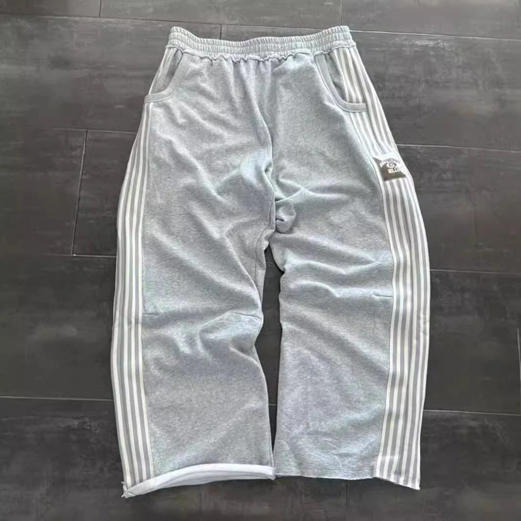 Grey Striped Elastic Waist Sweatpants