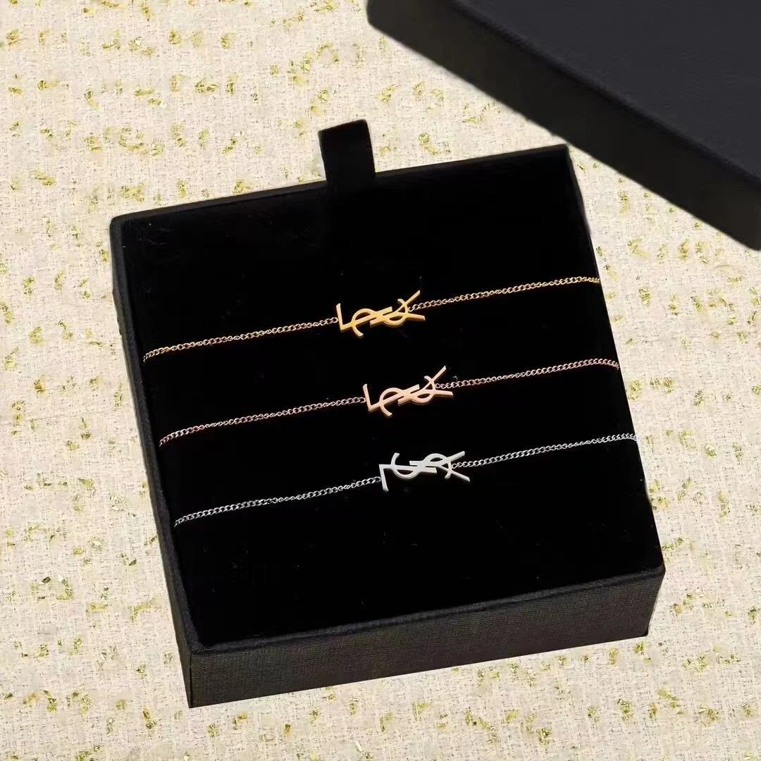 YSL Gold Silver Rose Gold Logo Necklaces Set