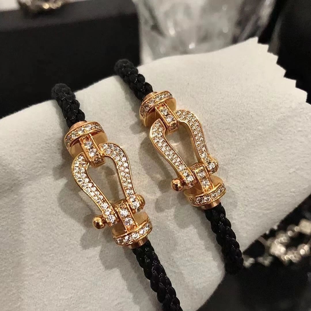 Black Cord + Full Diamond Gold Horsehoe Buckle