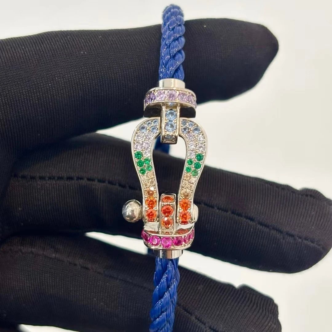 Blue Cord + Custom Multicolor Diamond Full Diamond Silver Horsehoe Buckle