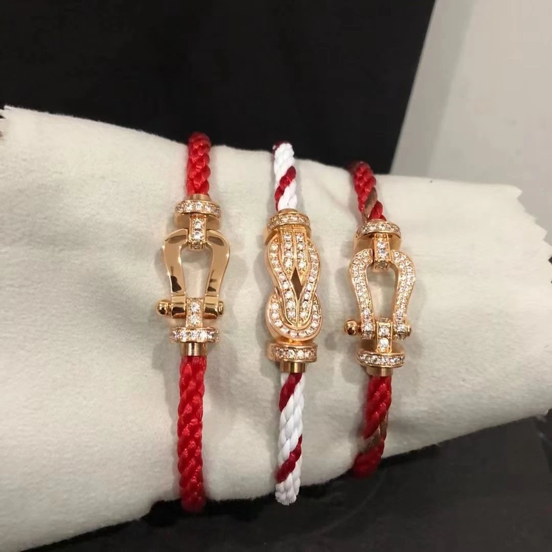 White & Red Cord + Full Diamond Gold Fortune Buckle