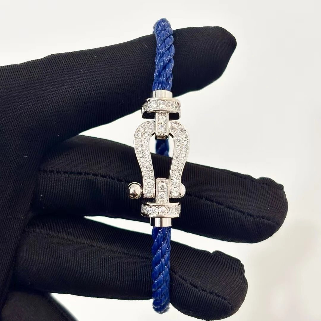 Blue Cord + Full Diamond Silver Horsehoe Buckle