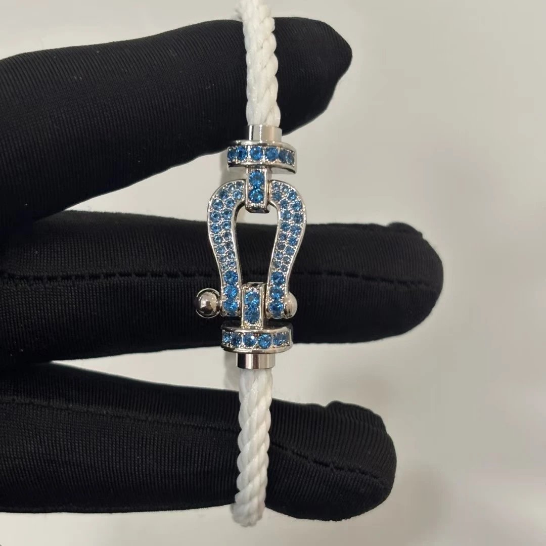 White Cord + Custom Blue Diamond Full Diamond Silver Horsehoe Buckle