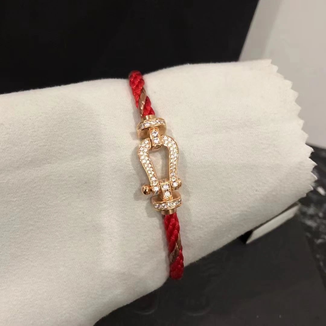 Gold & Red Cord + Full Diamond Gold Horsehoe Buckle