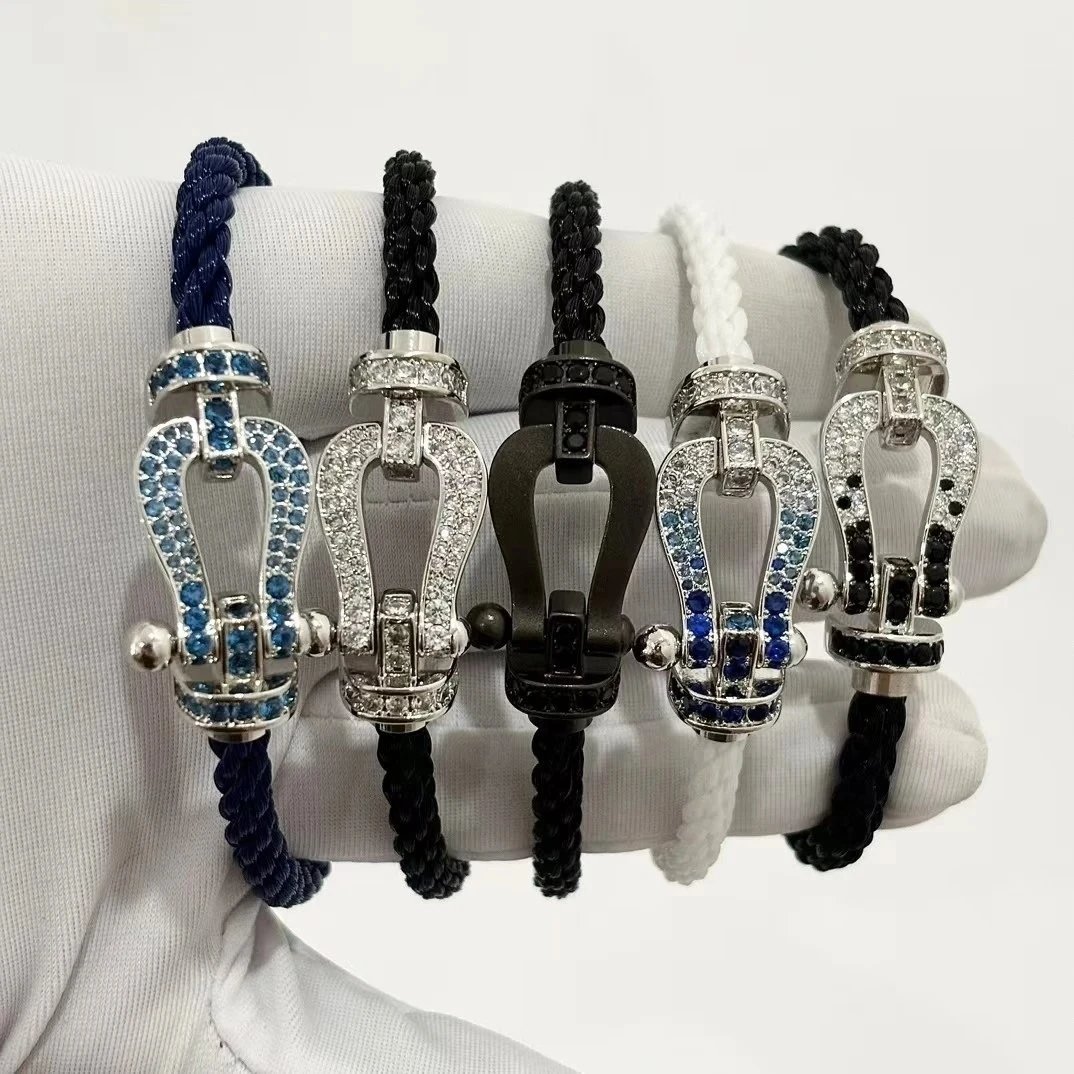 White Cord + Custom Blue-White Gradient Full Diamond Silver Horsehoe Buckle