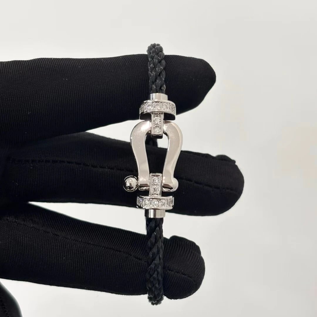 Black Cord + Half-Side Diamond Silver Horsehoe Buckle