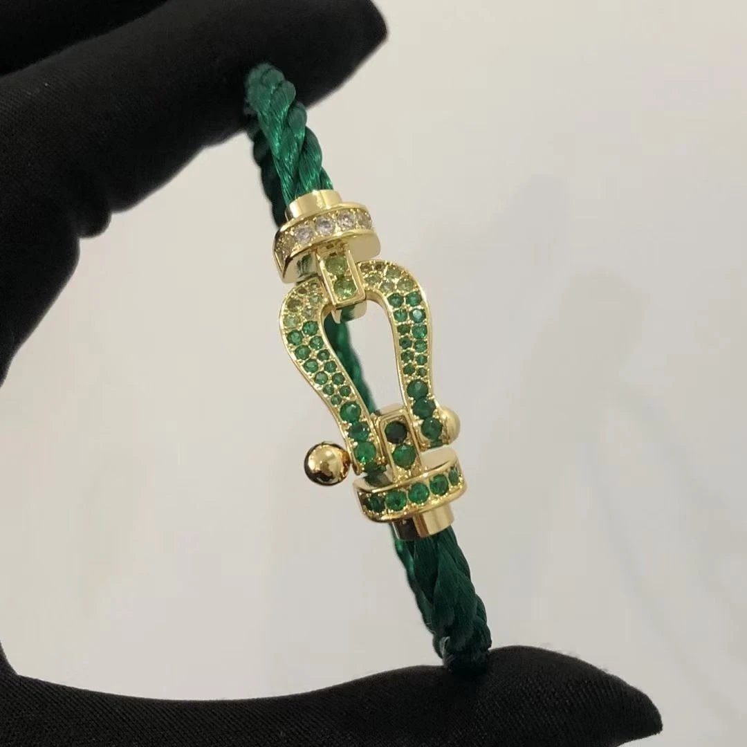 Green Cord + Custom Green Gradient Full Diamond Gold Horsehoe Buckle
