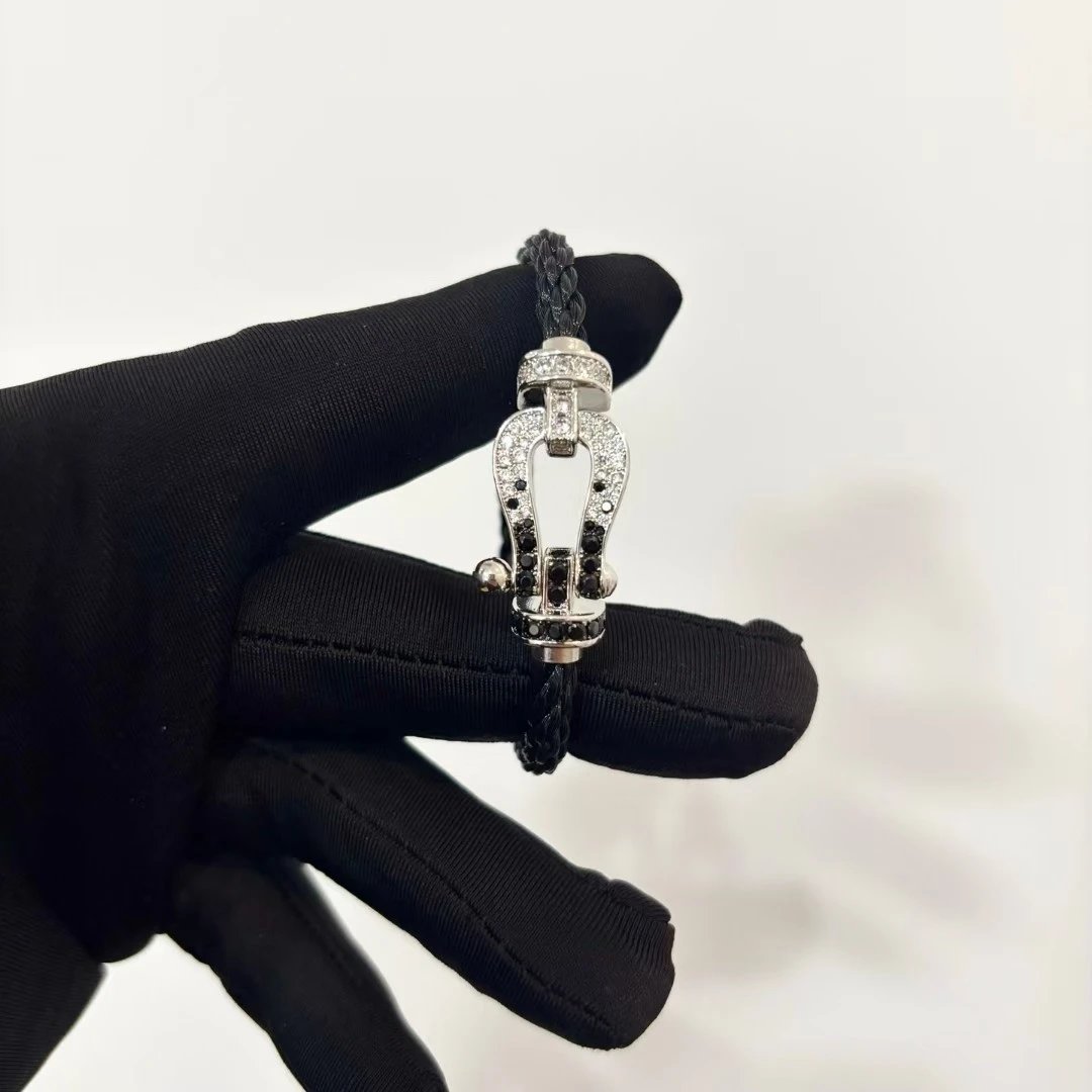 Black Cord + Custom Panda Black & White Full Diamond Silver Horsehoe Buckle