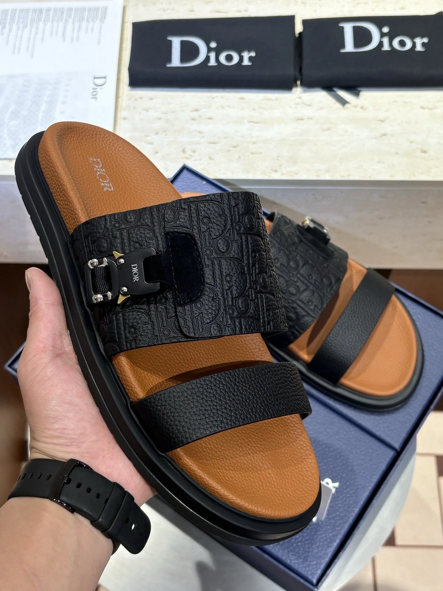 2026 Summer Dior Men's Sandals Genuine Cowhide Embossed Thick-Sole Slides - Boutique-Level New Arrival, Official Style, Size 45