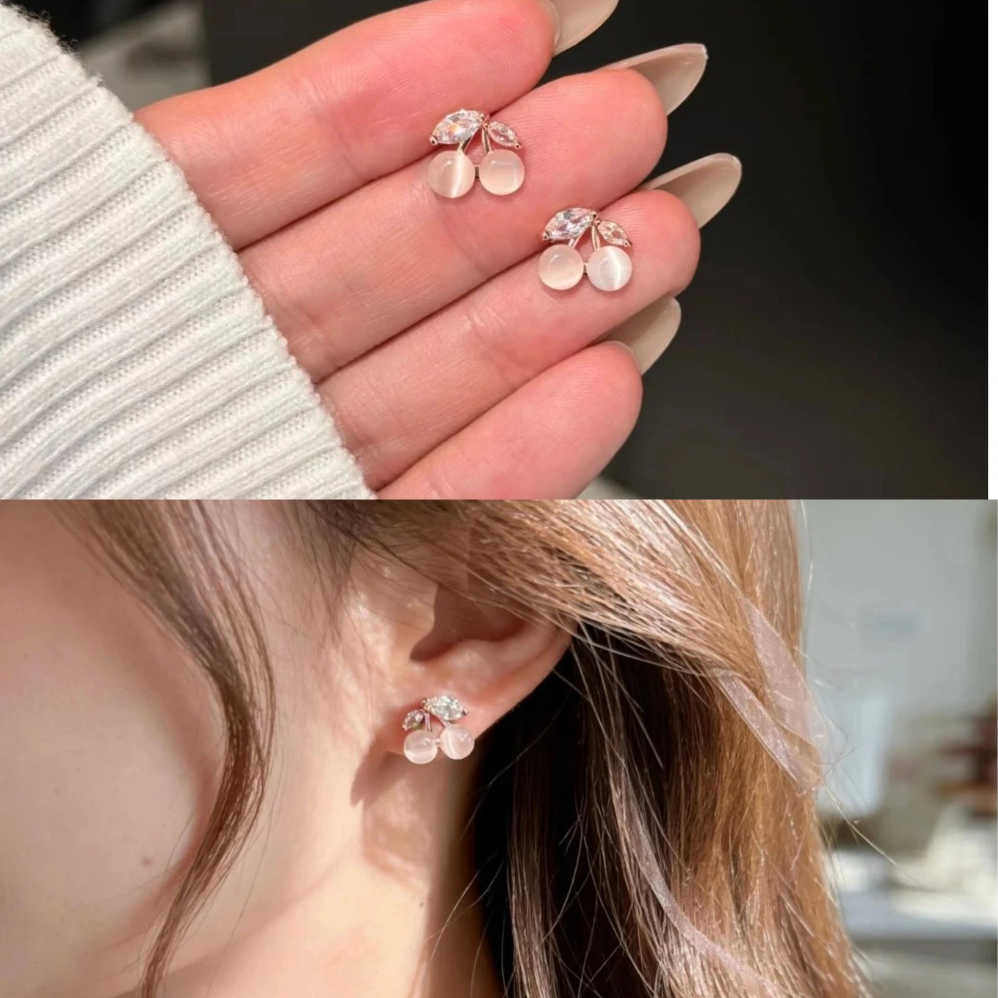 Off the shelves in 8.9! Export orders for the original version are almost RMB 500➕ "The pink cherry that catches your heart at first glance🌸" Cat's eye stone sweet earrings for girls! You must wear them. The pink cat-eye effect is not too good-looking~ It is relatively small and soft. The girly look comes with its own "whitening buff"~f8350