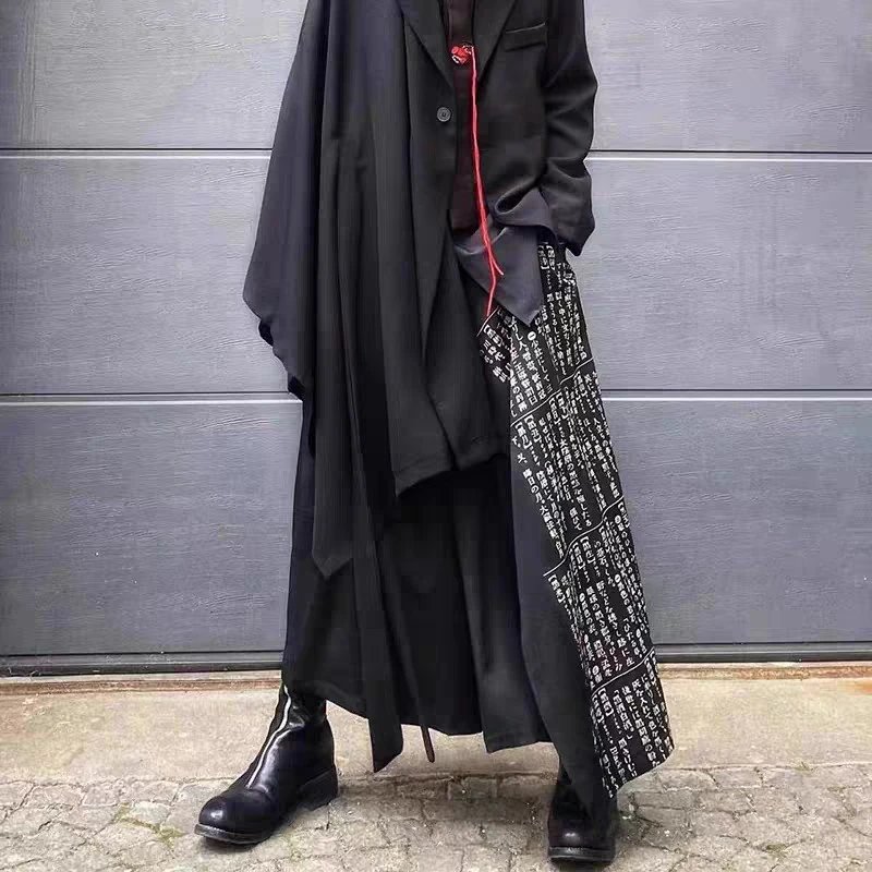 Comme des Garçons Shirt Asymmetrical Draped Coat with Kanji Print Black Outerwear