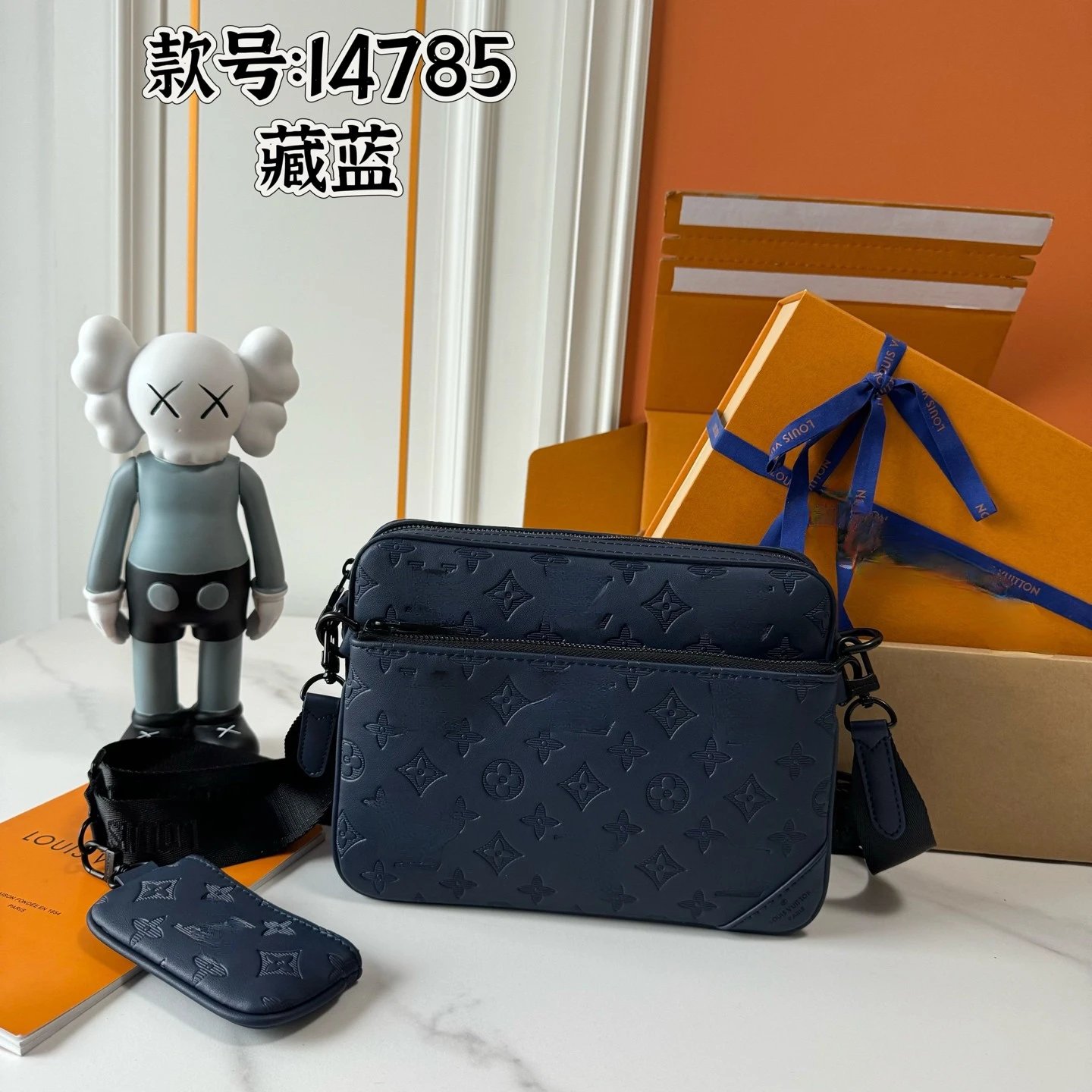 Navy Blue Courier Bag with Embossed Cowhide, Zippered Front Pocket, Small Size Coin Purse
