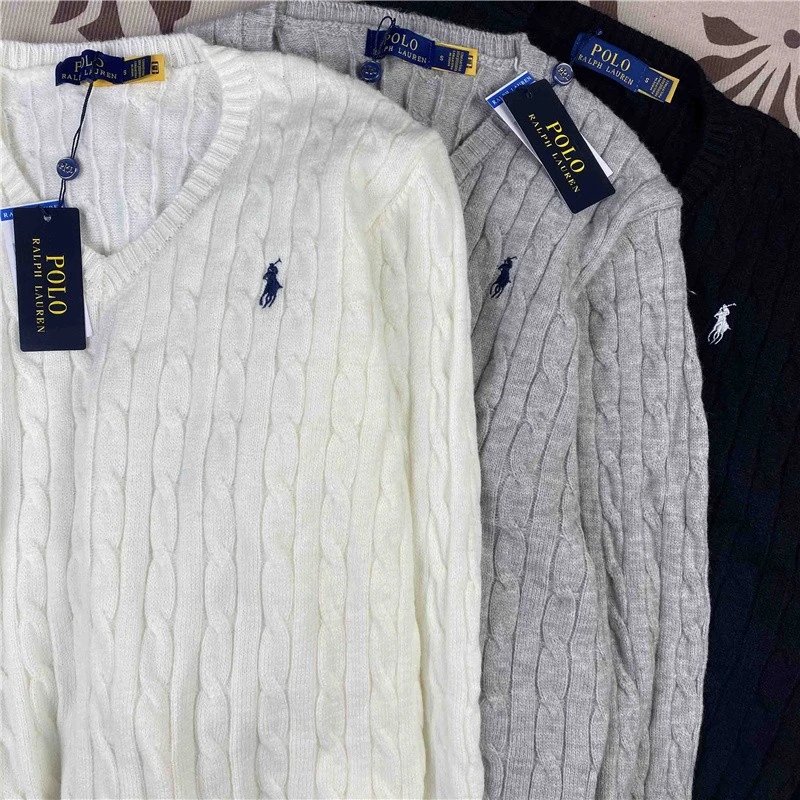 2229 B50 Ralph Lauren V-Neck Pony Logo Knit Sweater with Scannable Embroidered Design, Cable Knit V-Neck Pullover Women's Sweater for Fall Winter
