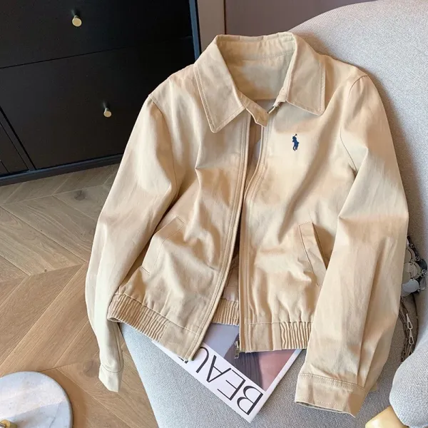 Design Collar-Contrast Zip-Up Jacket White with Burgundy Collar - 58