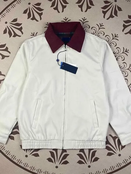 Design Collar-Contrast Zip-Up Jacket White with Burgundy Collar - 66