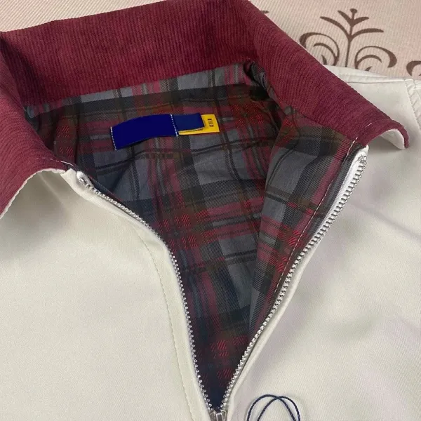 Design Collar-Contrast Zip-Up Jacket White with Burgundy Collar - 67