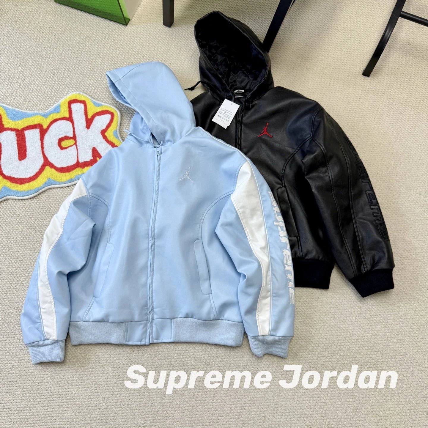 Supreme Jordan 乔丹联名款 WEEK15 Hooded Leather Jacket 刺绣飞人立体印花落肩连帽皮衣 男女同款