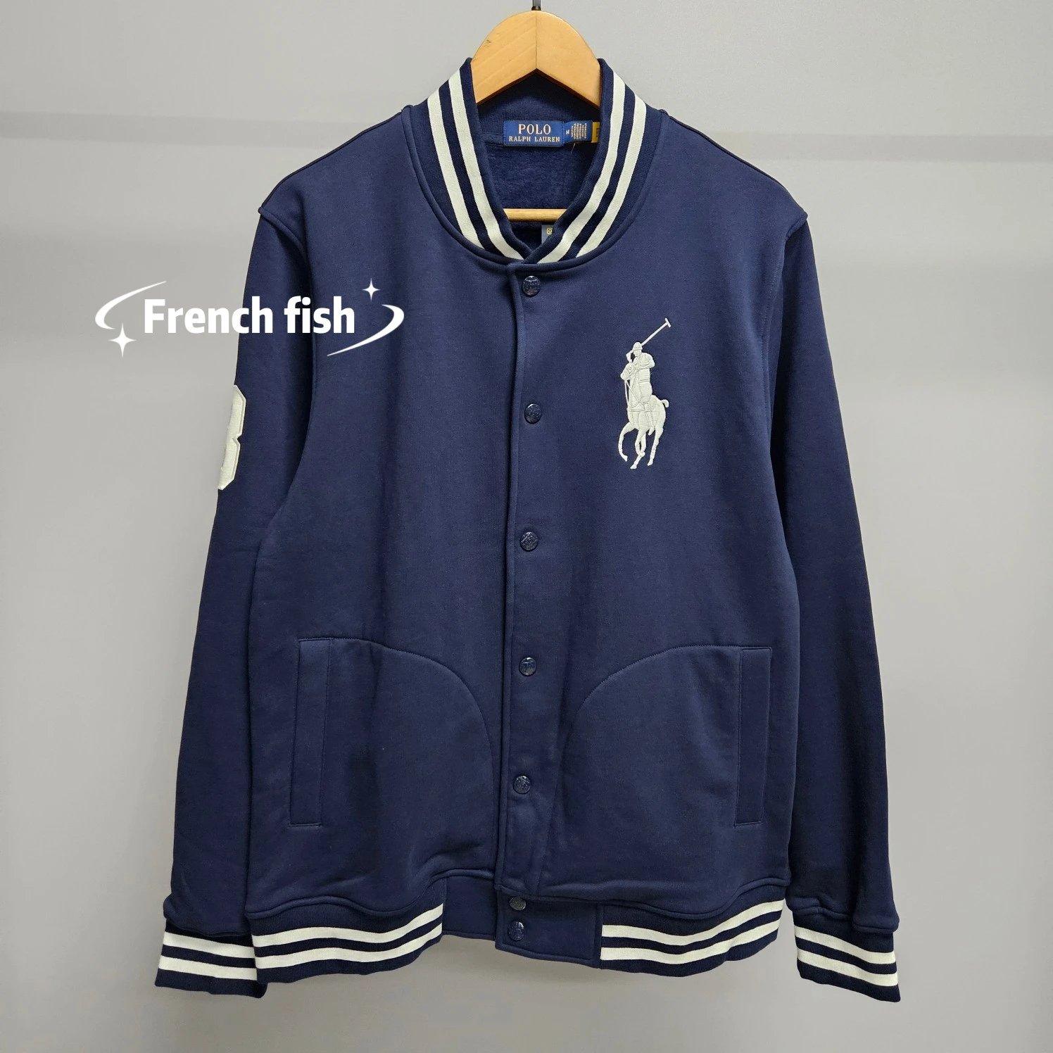 Polo Ralph Lauren Varsity Jacket Navy with White Stripe Trim Outerwear - 7