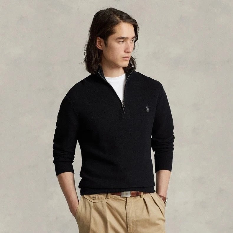 910RL男士半拉链立领针织衫wool套头lam毛衣 客供mesh针织棉面料 胸前标识马夫logo刺绣点缀