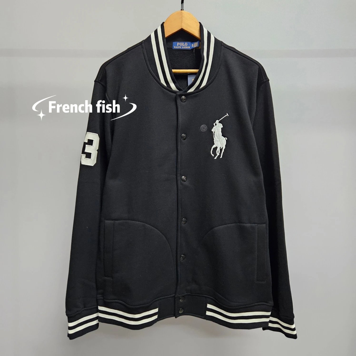 Polo Ralph Lauren Varsity Jacket Navy with White Stripe Trim Outerwear - 6